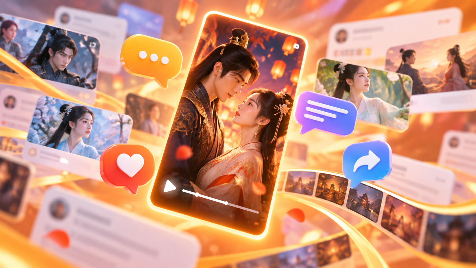 A glowing vertical drama card moving through an abstract social feed with comment and sharing symbols.